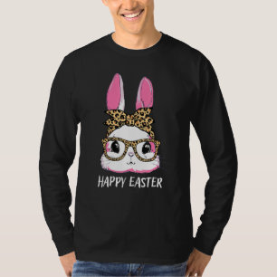 Cute Bunny Leopard Messy Bun Glasses Headband Happ T-Shirt