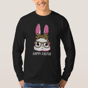 Cute Bunny Leopard Messy Bun Glasses Headband Happ T-Shirt