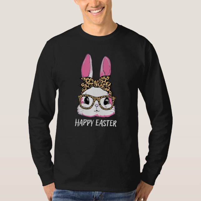 Cute Bunny Leopard Messy Bun Glasses Headband Happ T-Shirt (Front)
