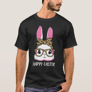 Cute Bunny Leopard Messy Bun Glasses Headband Happ T-Shirt