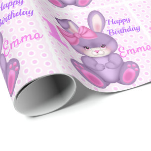 Cute Bunny Little Girls Pink & Lavender Name Age Wrapping Paper