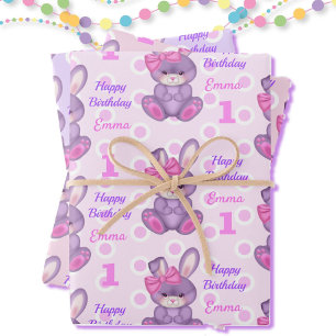 Cute Bunny Little Girls Pink & Lavender Name Age Wrapping Paper Sheets
