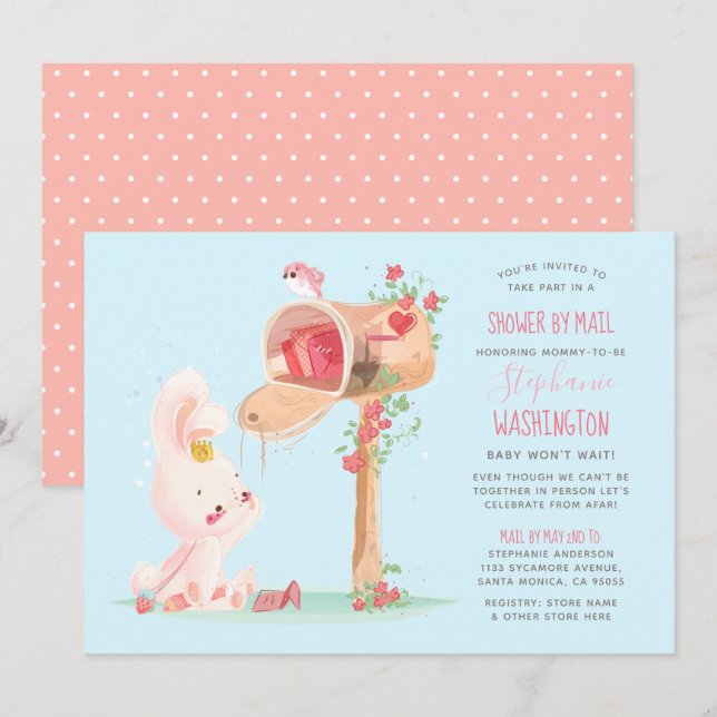Cute Bunny Long Distance Baby Girl Shower By Mail Invitation (Front/Back)