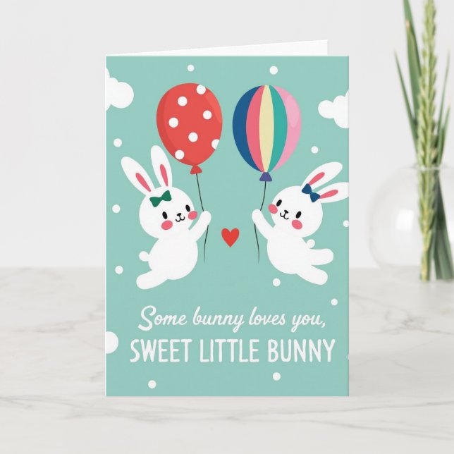 Cute Bunny Love Balloon Card (Front)