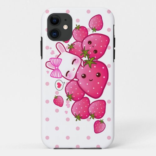 Cute bunny loves kawaii strawberries iPhone 11 case