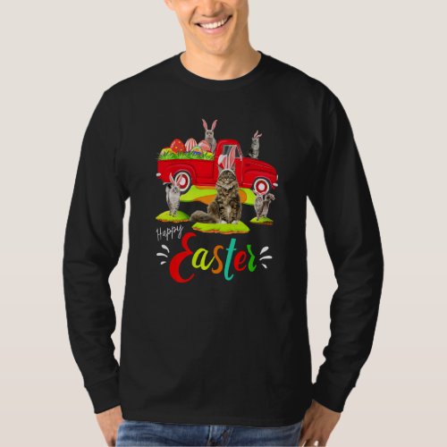 Cute Bunny Maine Coon Cats Riding Red Truck Happy  T_Shirt