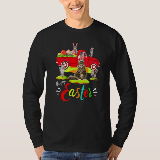 Cute Bunny Maine Coon Cats Riding Red Truck Happy  T-Shirt (Front)