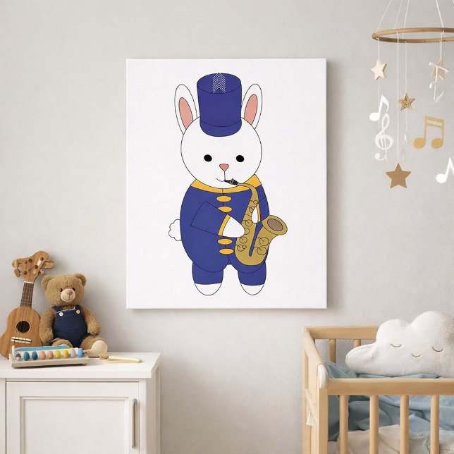 Cute Bunny Marching Band Saxophone Player in Blue Poster (A poster featuring a rabbit with a saxophone in a blue and gold marching band uniform.)