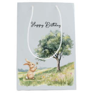 Cute Bunny Meadow with Tree Birthday Medium Gift Bag