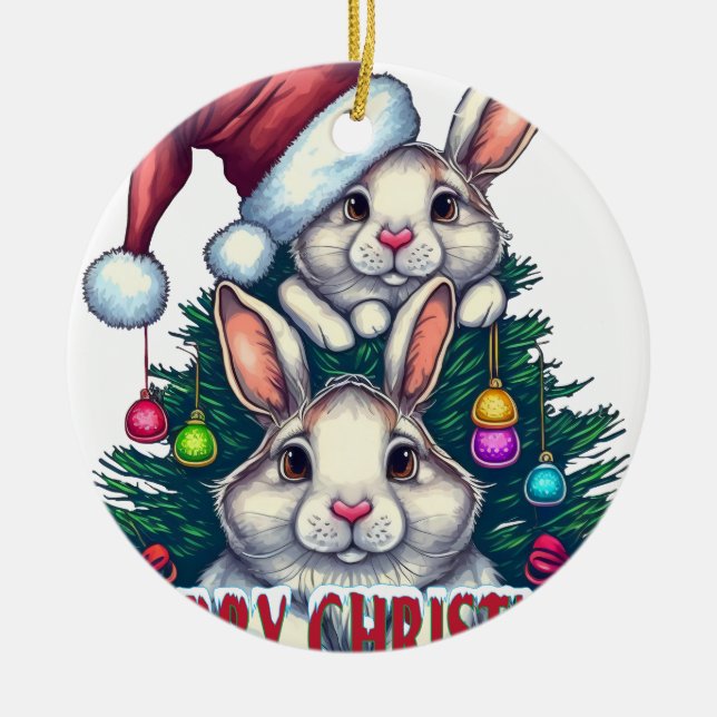 Cute Bunny Merry Christmas – Holiday Rabbit Ceramic Ornament (Front)