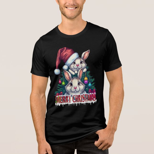 Cute Bunny Merry Christmas – Holiday Rabbit Tri-Blend Shirt (Front)