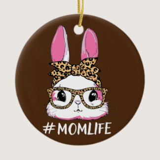 Cute Bunny Mom Life Leopard Messy Bun Glasses Ceramic Ornament