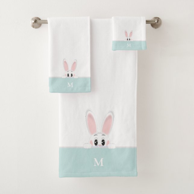 Cute Bunny & Monogram on Light Blue Teal & White Bath Towel Set (Insitu)