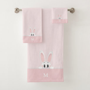 Cute Bunny & Monogram on Light Pink Bath Towel Set