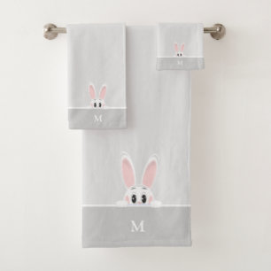 Cute Bunny & Monogram on Light Silver Gray Bath Towel Set
