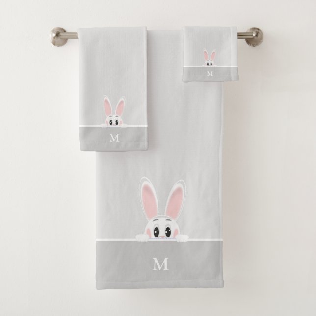 Cute Bunny & Monogram on Light Silver Gray Bath Towel Set (Insitu)