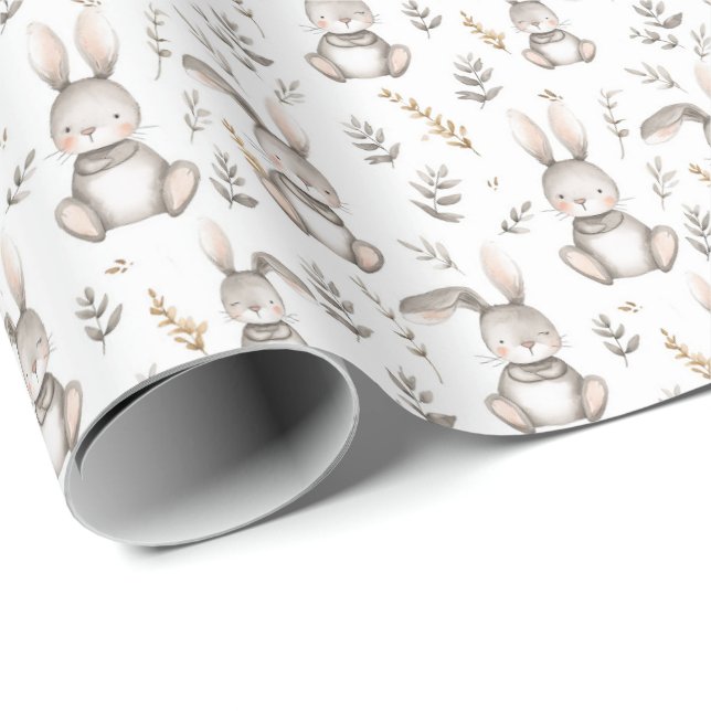 Cute Bunny Neutral Gray Baby's Wrapping Paper (Roll Corner)