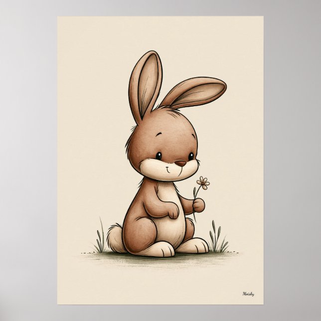 Cute Bunny Nursery Wall Art Scandinavian Neutral  (Front)
