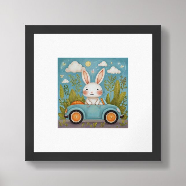 Cute Bunny on a Car Wall Art Print (Framed Front)