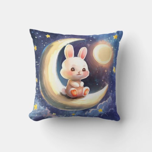 Cute Bunny on a Crescent Moon at Night Throw Pillow