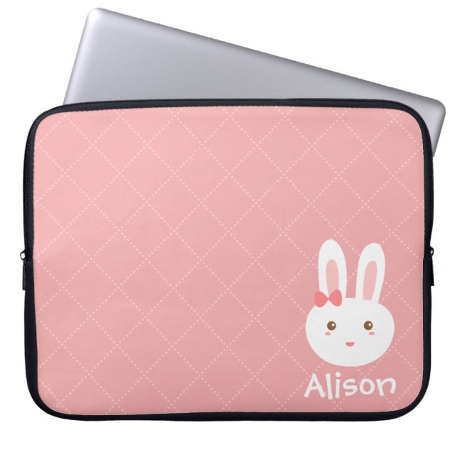 Cute Bunny on Pink Dots and Square Pattern Laptop Sleeve (Front)
