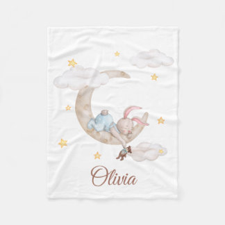 Cute Bunny on the Moon Personalized Baby Blanket