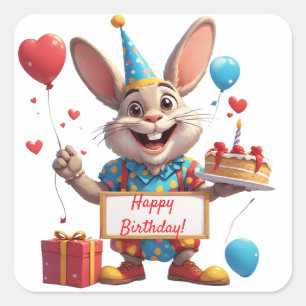 Cute Bunny Party With Blank Message Sign 🎂 Square Sticker