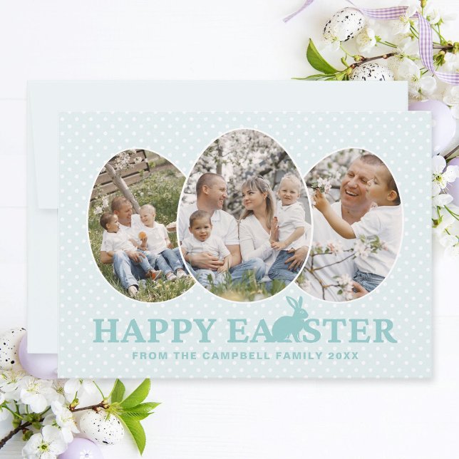 Cute Bunny Pastel Turquoise Egg Shape Easter Photo Holiday Card (Easter family photo collage card with egg-shaped photo frames, pastel turquoise text and bunny.)