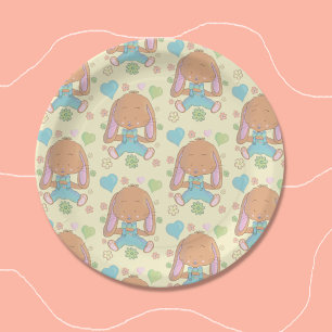 Cute Bunny Pattern Yellow Round Paper Plate