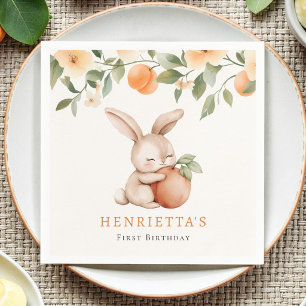 Cute Bunny Peach Floral First Birthday Napkin
