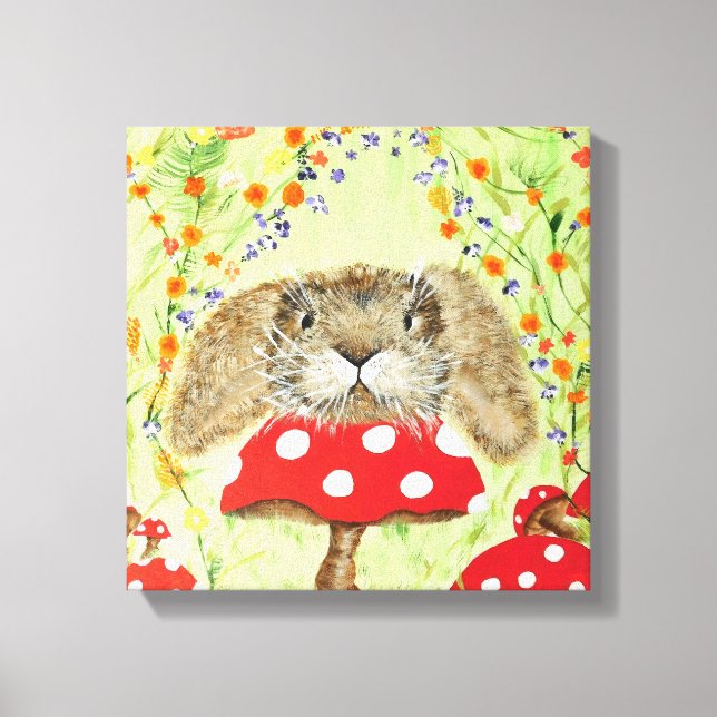 Cute Bunny peeping over Toadstool Canvas Print (Front)