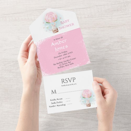 Cute Bunny Peony Hot Air Balloon Pink Baby Shower All In One Invitation