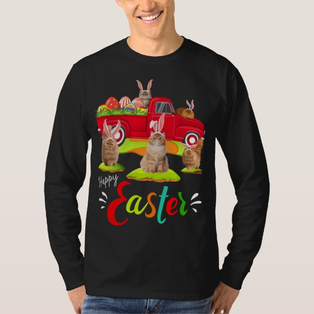 Cute Bunny Persian Cats Riding Red Truck Happy Eas T-Shirt (Front)