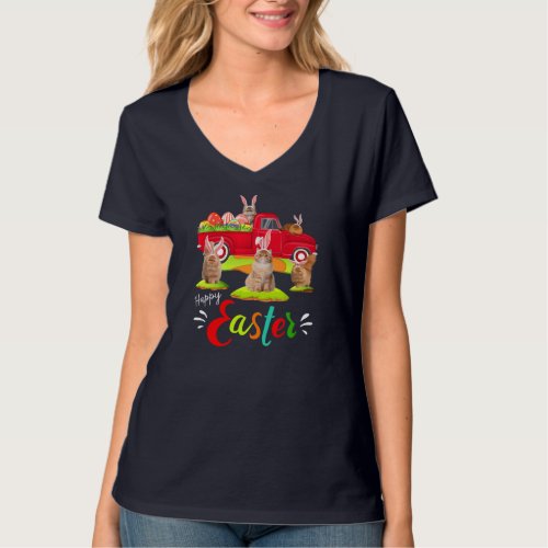Cute Bunny Persian Cats Riding Red Truck Happy Eas T_Shirt