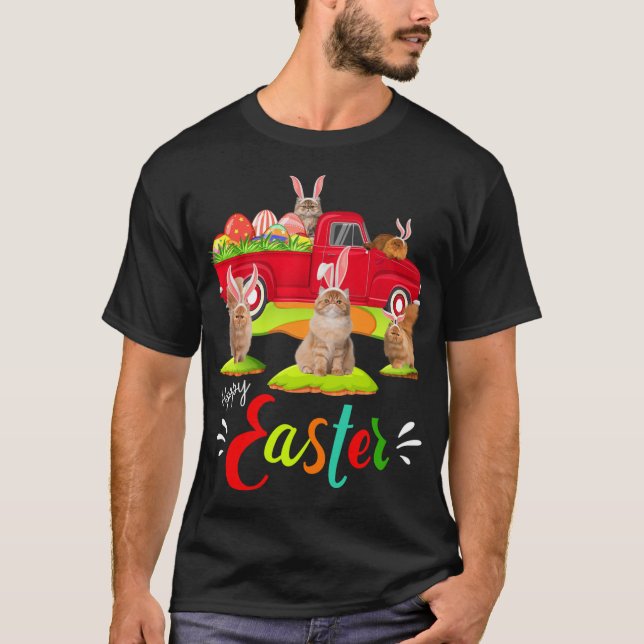 Cute Bunny Persian Cats Riding Red Truck Happy Eas T-Shirt (Front)