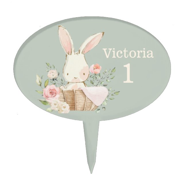 Cute Bunny Personalized Birthday Cake Topper (Front)