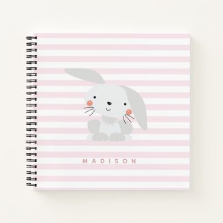 Cute Bunny - Personalized Pink Striped Kids Notebook