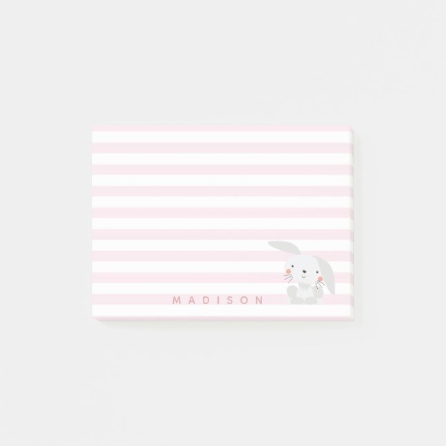 Cute Bunny - Personalized Pink Striped Kids Post-it Notes (Front)