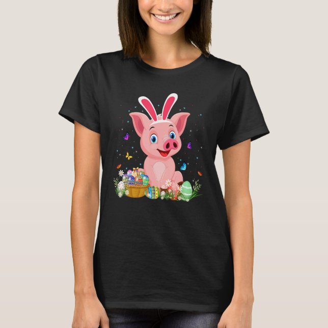 Cute Bunny Pig Easter Hunting Eggs Farmers Happy E T-Shirt (Front)