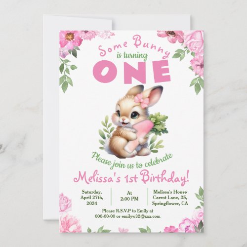 Cute Bunny Pink 1st Birthday Girl Floral Invitatio Invitation