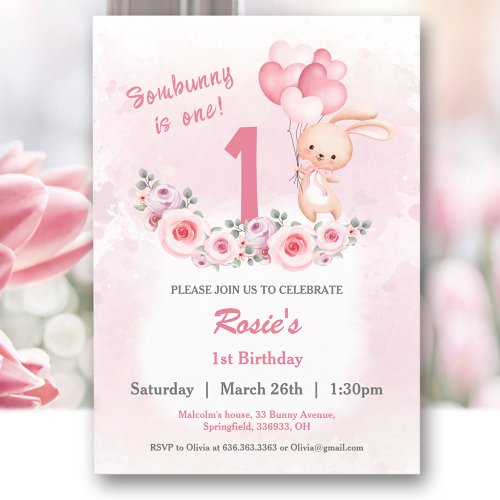 Cute Bunny Pink 1st Birthday Girl Floral Invitation