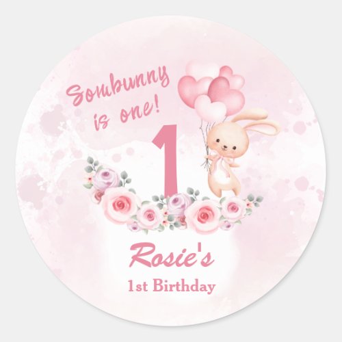 Cute Bunny Pink 1st Birthday Girl Floral Spring Classic Round Sticker