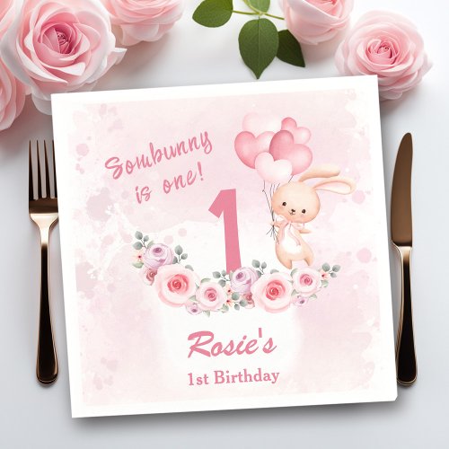 Cute Bunny Pink 1st Birthday Girl Floral Spring Napkins