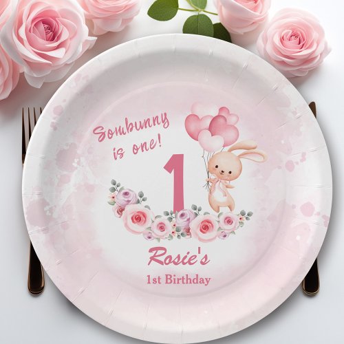 Cute Bunny Pink 1st Birthday Girl Floral Spring Paper Plates