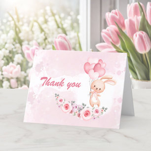 Cute Bunny Pink 1st Birthday Girl Floral Spring Thank You Card