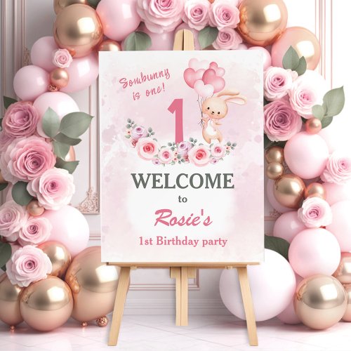 Cute Bunny Pink 1st Birthday Girl Floral Welcome Foam Board
