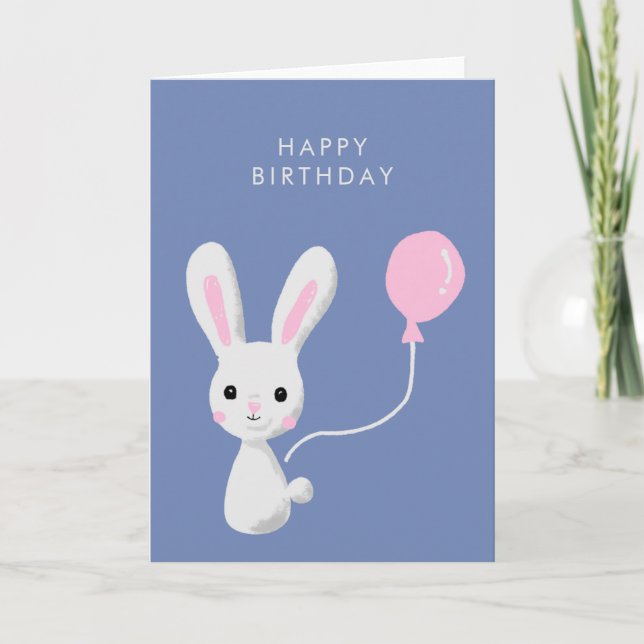 Cute Bunny Pink Balloon Happy Birthday Card (Front)