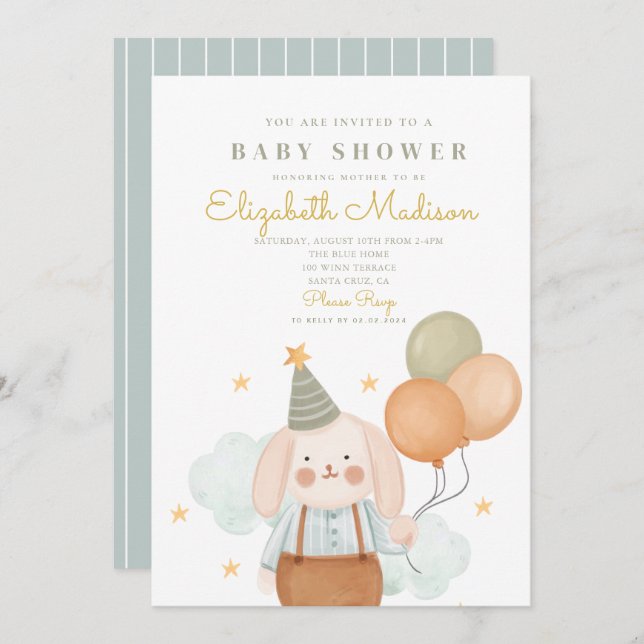 Cute Bunny Pink & Baloons Cloud  Baby Shower  Invitation (Front/Back)
