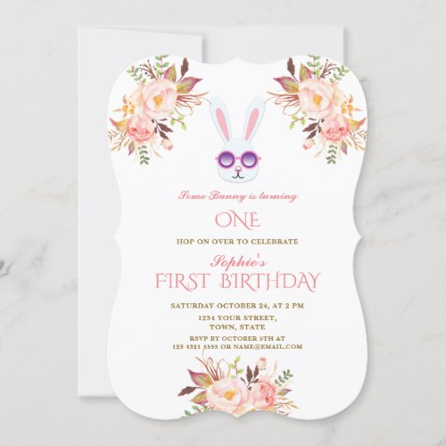 Cute Bunny Pink Blush Flowers Girl 1st Birthday Invitation