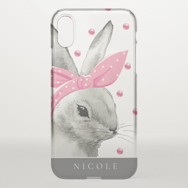 Cute Bunny Pink Bow Monogram Uncommon iPhone Case (Back)